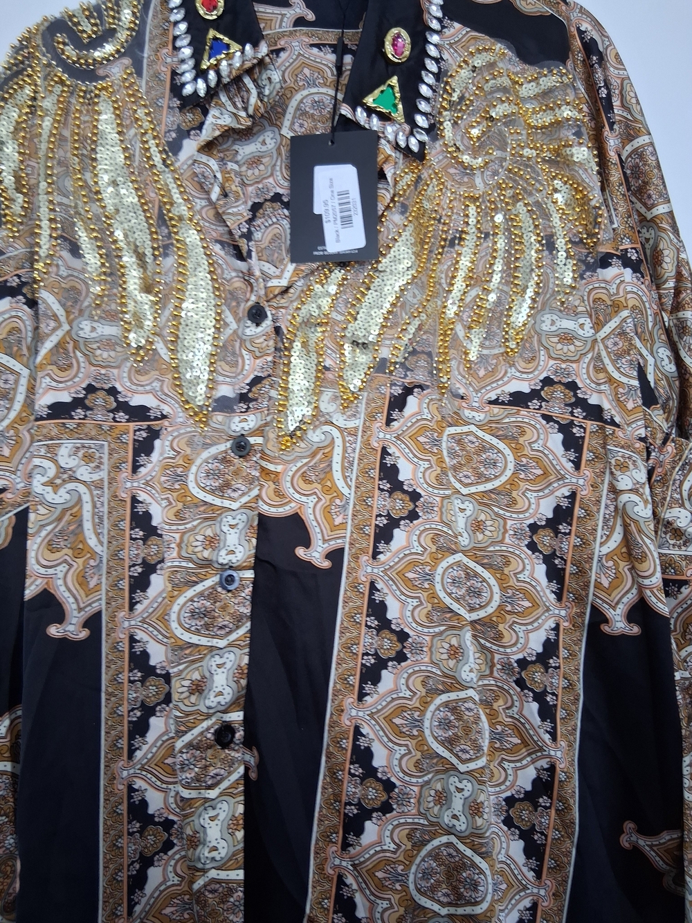 Beulah Black and Gold Embellished Paisley Button-Front Tunic